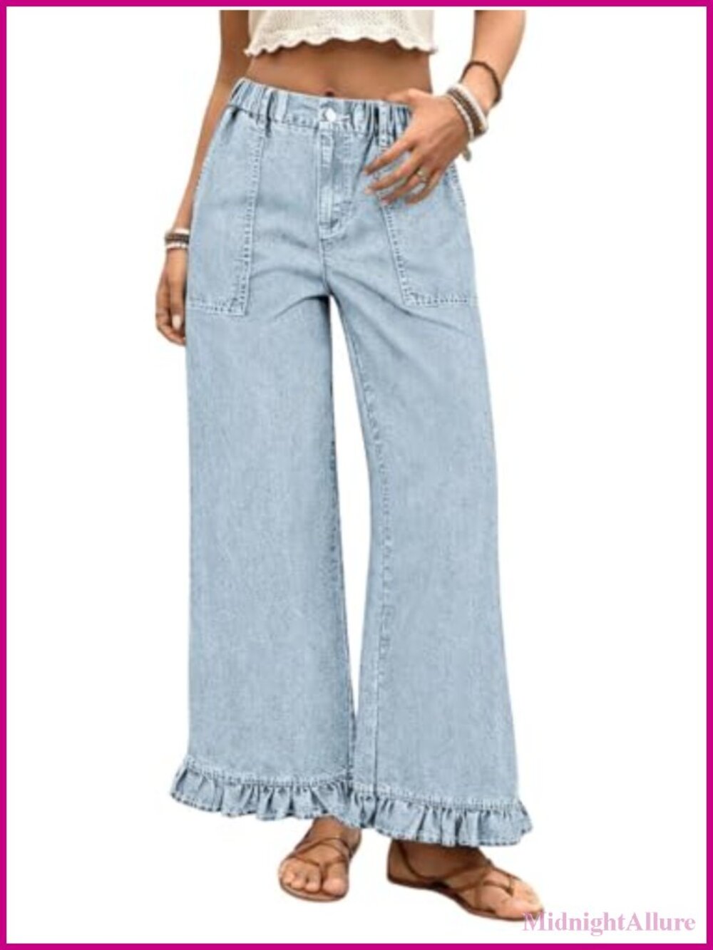 Ruffle Hem Wide Leg Jeans Elastic Waist Denim Pants Boyfriend Baggy Palazzo